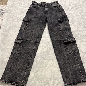 Relaxed Black Washed Cargo Jeans — Women's Casual Utility Style